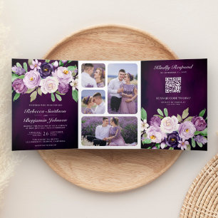 Invitación Tríptica Código QR Floral Púrpura de Berenjena Boda Oscura 