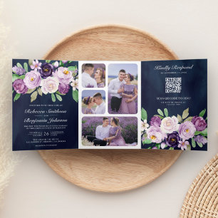 Invitación Tríptica Código QR Floral Púrpura Rústico Boda Azul Marino