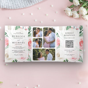 Invitación Tríptica Código QR Floral Rosa Beige Marfil Rústico para Bo