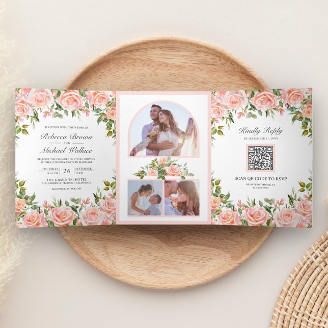 Invitación Tríptica Código QR Floral Rosa Claro Rústico para Boda (Subido por el creador)