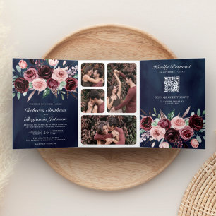 Invitación Tríptica Código QR Floral Rosa Polvo Borgoña Azul Marino Bo