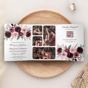 Invitación Tríptica Código QR Floral Rosa Polvo Borgoña Boda
