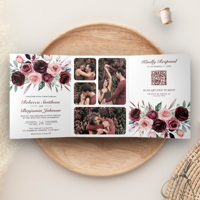 Invitación Tríptica Código QR Floral Rosa Polvo Borgoña Boda (Subido por el creador)