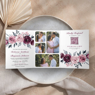 Invitación Tríptica Código QR Floral Rosa Polvo Ciruela Púrpura Boda