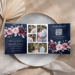 Invitación Tríptica Código QR Floral Rosa Polvo Ciruela Púrpura Boda A