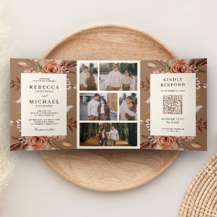 Invitación Tríptica Código QR Floral Terracota Crema Beige Tostado Bod