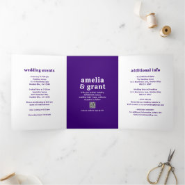 Invitación Tríptica Código QR Fuente Retro Púrpura Foto Boda Moderna