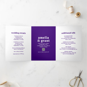 Invitación Tríptica Código QR Fuente Retro Púrpura Foto Boda Moderna