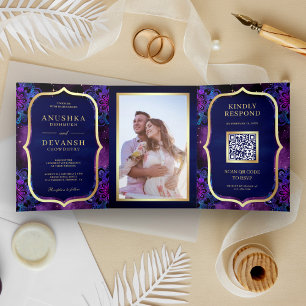 Invitación Tríptica Código QR Mandala Azul Galaxia Púrpura Boda India