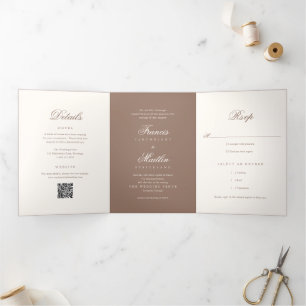 Invitación Tríptica Código QR marrón romántico Elegante boda