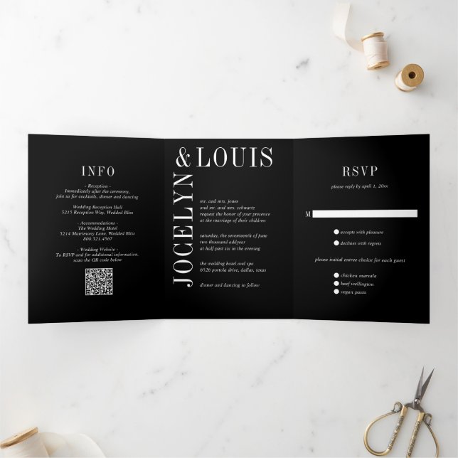 Invitación Tríptica Código QR negro en negrita Boda moderna (Interior)
