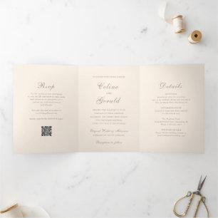 Invitación Tríptica Código QR Neutral Clásico Arena Elegante Boda
