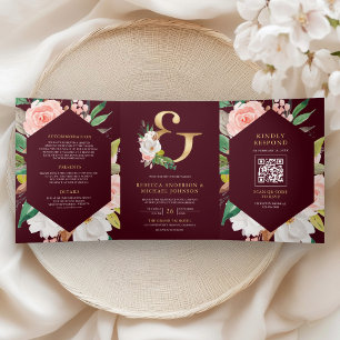 Invitación Tríptica Código QR Nupcial Ampersand Floral Rosa Burgundy