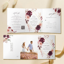 Invitación Tríptica Código QR Romance Otoño Boda Geométrico Oro