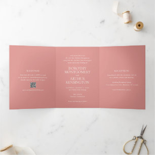 Invitación Tríptica Código QR Rosa Coral Moderno y Elegante para Bodas