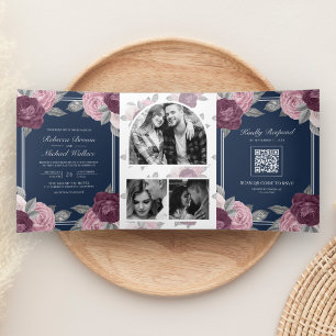 Invitación Tríptica Código QR Rosa Malva Lila Rosa Polvo Azul Marino B