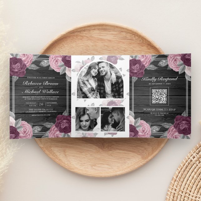 Invitación Tríptica Código QR Rosa Malva Morado Rosado Polvoriento Bod (Subido por el creador)