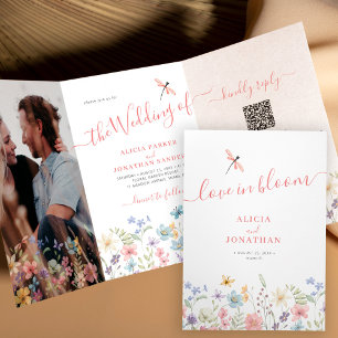 Invitación Tríptica Código QR RSVP todo en un boda floral
