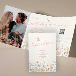Invitación Tríptica Código QR RSVP todo en uno floral boda