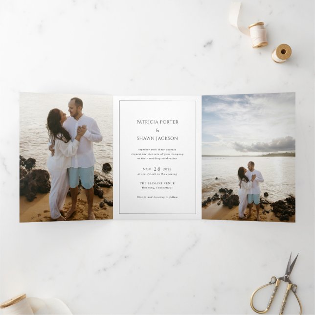 Invitación Tríptica Código QR Simple de Blanco y Negro Boda Elegante (Interior)