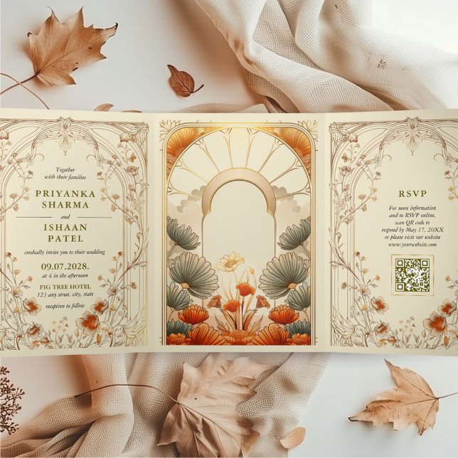 Invitación Tríptica Código QR único floral de Art Nouveau (Art Nouveau Tri Fold All in One QR code Wedding Invitation Art Deco Indian Wedding Hindu Vintage)