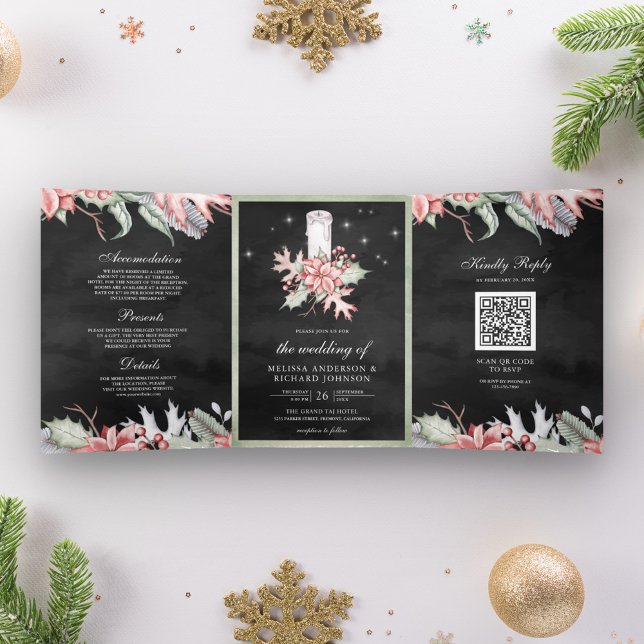 Invitación Tríptica Código QR Vela de Navidad Poinsettia Boda Negra (Subido por el creador)