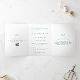 Invitación Tríptica Código QR Verde Esmeralda Limpio Boda Elegante