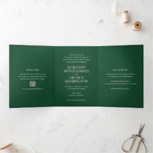 Invitación Tríptica Código QR Verde Esmeralda Moderno Elegante Boda