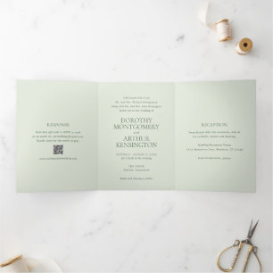 Invitación Tríptica Código QR Verde Sage Moderno Elegante Boda