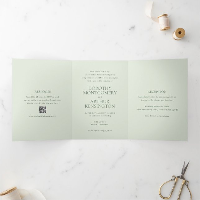 Invitación Tríptica Código QR Verde Sage Moderno Elegante Boda (Interior)