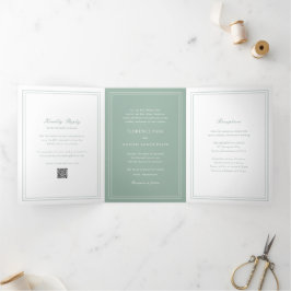 Invitación Tríptica Código QR Verde Sage Tradicional Atemporal Boda