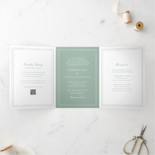 Invitación Tríptica Código QR Verde Sage Tradicional Atemporal Boda