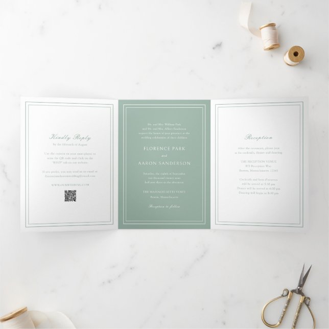Invitación Tríptica Código QR Verde Sage Tradicional Atemporal Boda (Interior)
