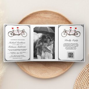 Invitación Tríptica Códigos QR de fotos de bicicleta tándem linda boda