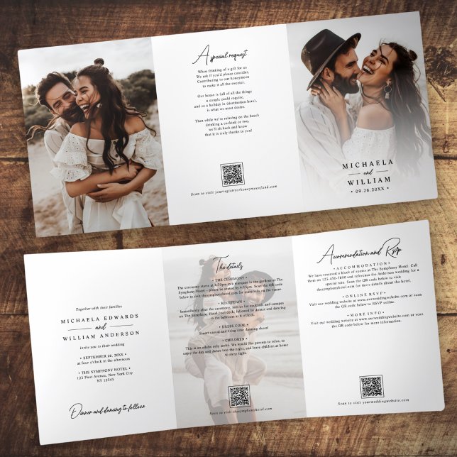 Invitación Tríptica Códigos QR Todo en Uno de Letra Elegante para Boda (Subido por el creador)