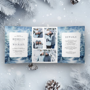 Invitación Tríptica Colage de fotos de boda de bosque de pino invernal