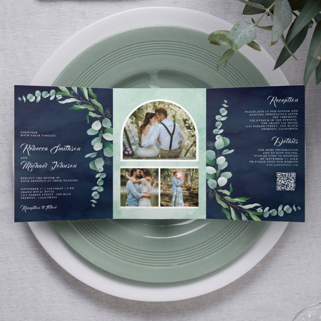 Invitación Tríptica Colage de Fotos de Eucalipto Código QR Boda Azul M (Subido por el creador)