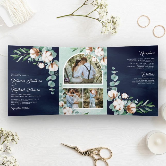 Invitación Tríptica Colage de fotos de eucalipto de algodón boda azul  (Subido por el creador)