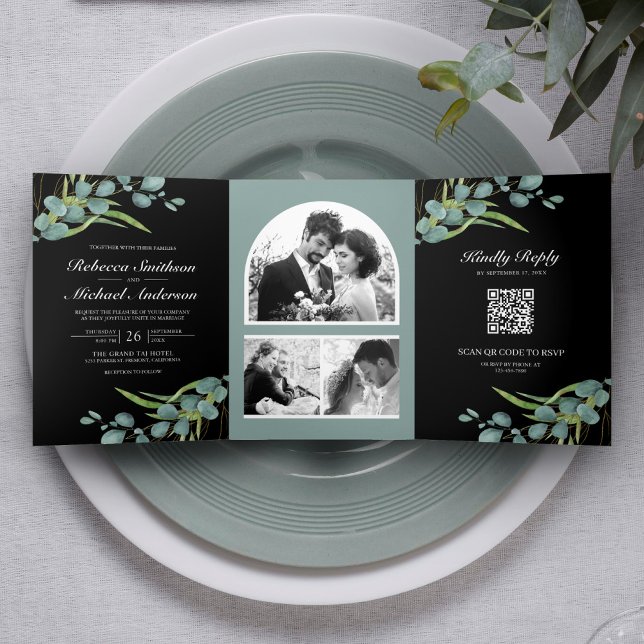 Invitación Tríptica Colaje de fotos de eucalipto Código QR Boda Negra (Subido por el creador)