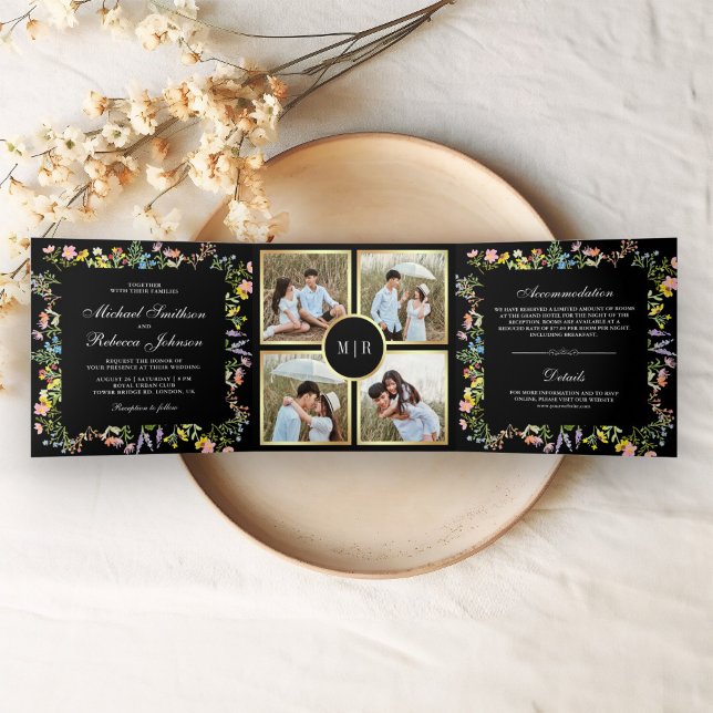 Invitación Tríptica Colaje de Fotos de Flores Silvestres Rústicas Boda (Subido por el creador)