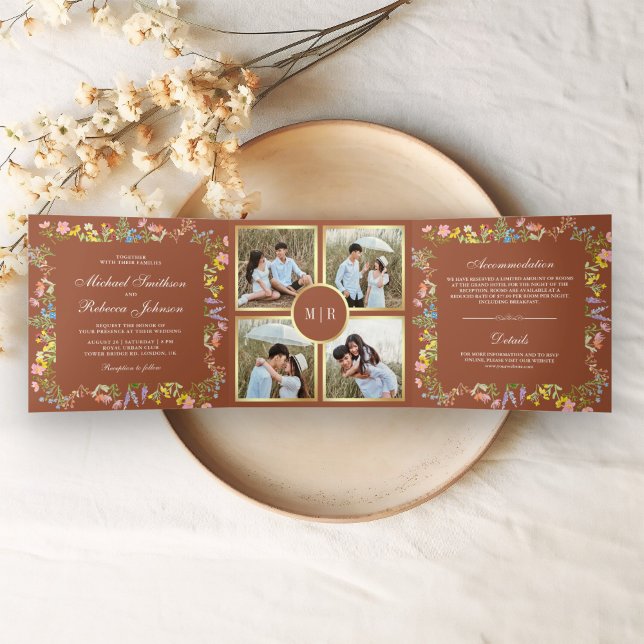 Invitación Tríptica Colaje de Fotos de Flores Silvestres Rústicas Boda (Subido por el creador)