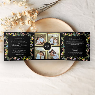 Invitación Tríptica Colaje de Fotos de Flores Silvestres Rústicas Boda
