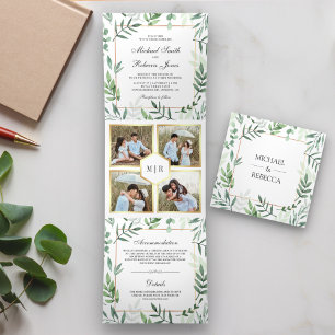 Invitación Tríptica Colaje de Fotos de Hojas Botánicas para Boda Verde