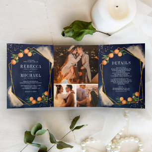 Invitación Tríptica Collage de Fotos de Boda Naranja Cítrico Azul Mari
