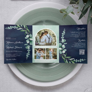 Invitación Tríptica Collage de fotos Eucalyptus Código QR Boda azul de