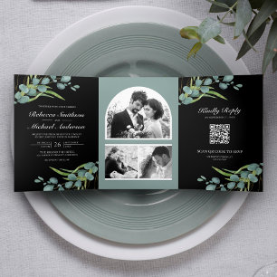 Invitación Tríptica Collage de fotos Eucalyptus Código QR Boda negro