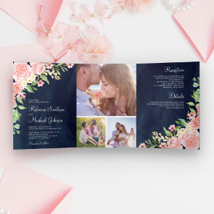 Invitación Tríptica Collage de Fotos Floral Rosa Rubor Azul Marino Bod