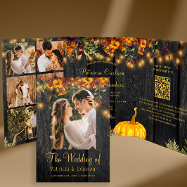 Invitación Tríptica Collage de fotos florales de otoño QR RSVP boda