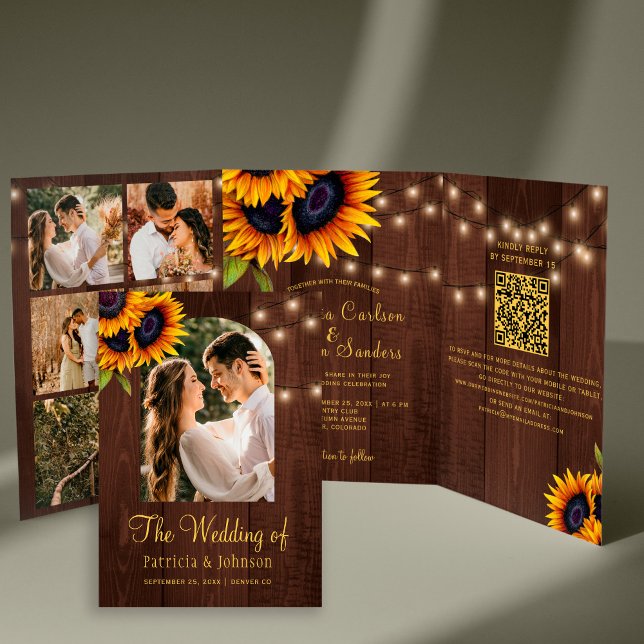 Invitación Tríptica Collage de fotos rusas florales QR RSVP boda (Subido por el creador)