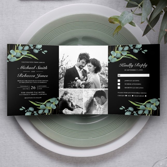Invitación Tríptica Collage de fotos ruso de eucalipto Boda negro (Subido por el creador)